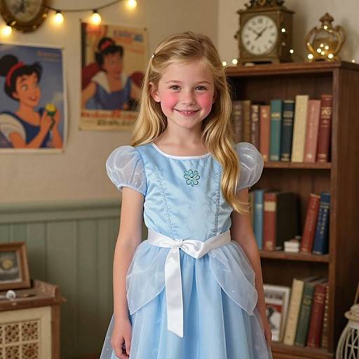 Photograph of a smiling young blonde girl in a light blue, puffed-sleeve, fairy-tale dress with white ribbon, standing in a