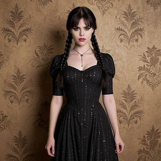 Photograph of a pale-skinned woman with dark braided hair, wearing a black, sparkly, vintage-style dress, against a gold, dam