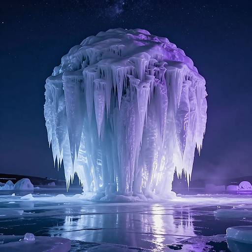 Photograph of a glowing, icicle-covered ice formation illuminated by purple and blue lights, standing in a frozen, reflective landscape at night.