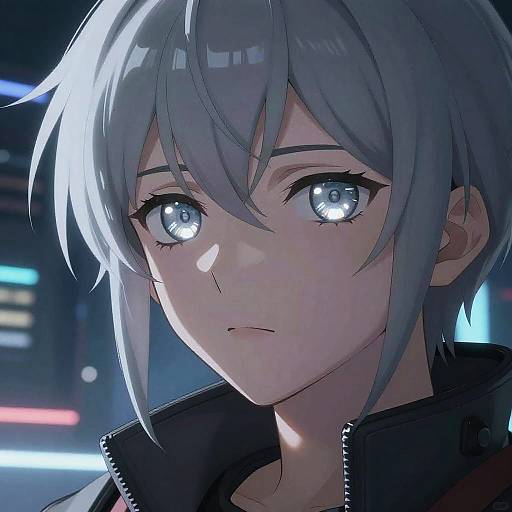 Anime-style digital drawing of a young person with silver hair, glowing blue eyes, and a serious expression, wearing a black jacket. Neon-lit background