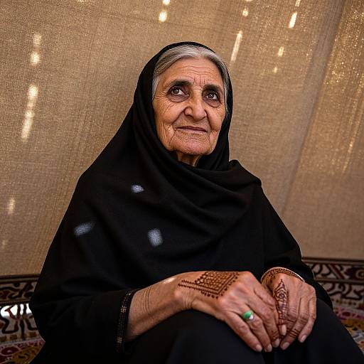 Photograph of an elderly woman with gray hair, wearing a black hijab, intricate henna designs on her hands, sitting against a textured beige wall