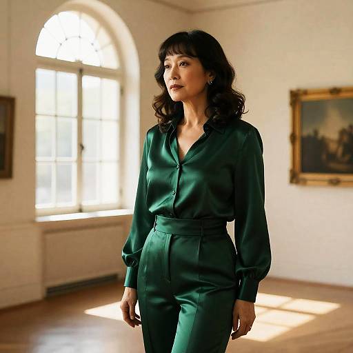 Elegant Emerald Waves in Sunlit Gallery