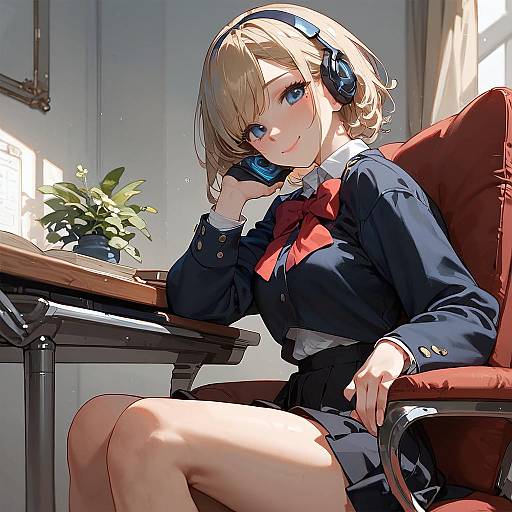 Android Schoolgirl Sitting With Headphones
