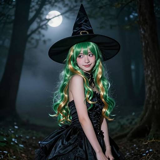 Photograph of a young woman with long green and gold hair, wearing a black witch hat and dress, standing in a dark, misty forest under