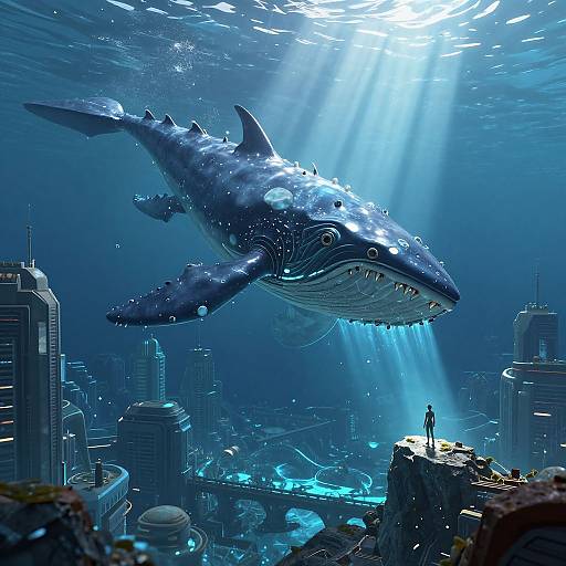 Digital artwork: A giant, bioluminescent whale with sharp teeth soars above a futuristic underwater cityscape, beams of sunlight piercing the blue waters