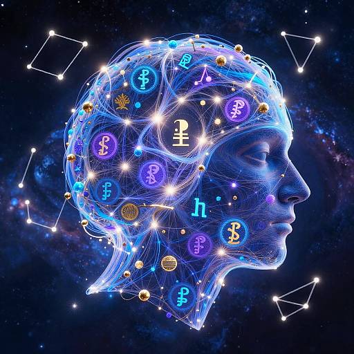 Digital artwork of a blue, glowing human head profile filled with illuminated currency symbols, astrological signs, and stars against a dark, cosmic background.