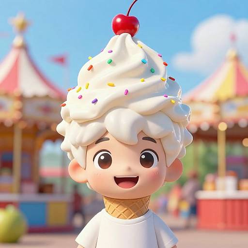 CGI cartoon of a smiling boy with white whipped cream hair, colorful sprinkles, a cherry on top, wearing a white shirt, in front of