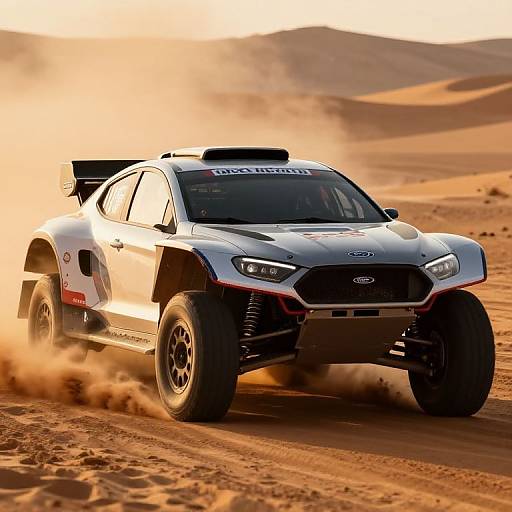 Photograph of a white Ford rally car with black accents speeding through a sandy desert, kicking up dust, under a golden sunset.