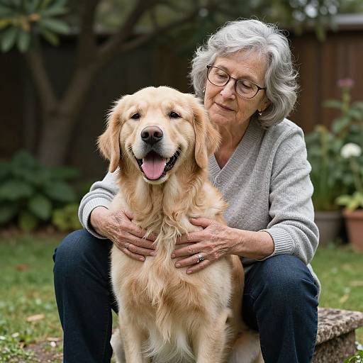 Photograph of an elderly woman with gray hair and glasses, sitting outdoors, hugging a happy golden retriever with her hands.