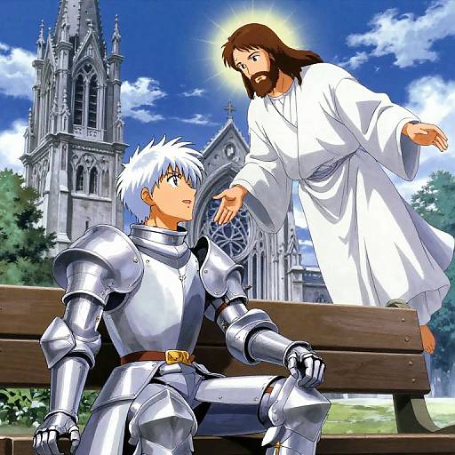 Anime-style drawing of a white-haired knight in armor sitting on a bench, while a bearded Jesus in a white robe touches his forehead. Gothic cathedral