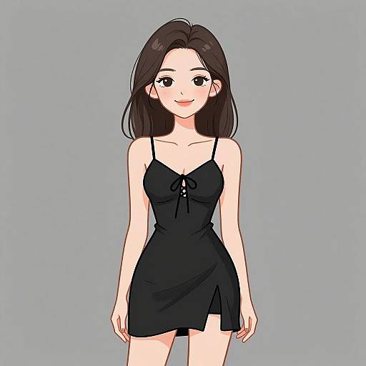 Anime-style digital drawing of a cute, smiling young woman with long black hair, wearing a black, sleeveless, tied-dress with a side slit