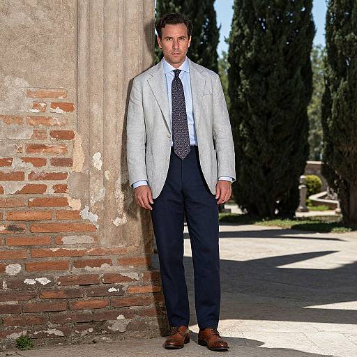 Photograph of a handsome man with short brown hair, wearing a light gray suit, blue shirt, patterned tie, and brown shoes, standing against
