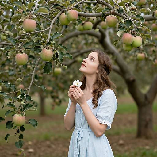 Photograph of a young woman with long brown hair, wearing a white dress, holding a flower under an apple tree with ripe apples. She gazes