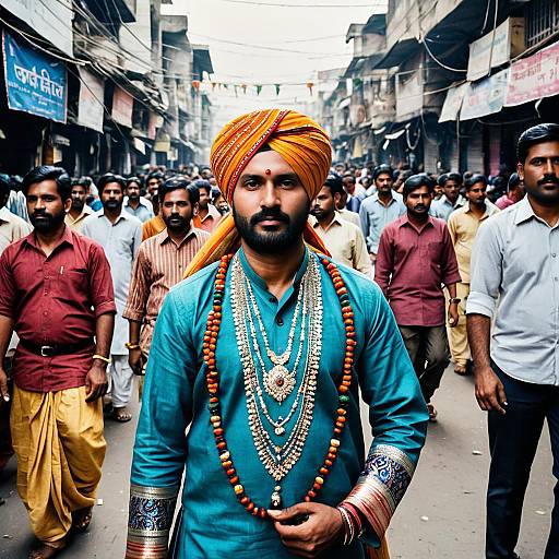 Photograph of a bearded Indian man in a blue kurta, orange turban, and multiple gold necklaces, standing in a crowded, busy