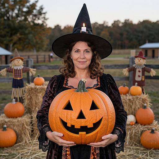Photograph of a smiling woman in a black witch hat and velvet dress holding a carved jack-o'-lantern, surrounded by hay bales and scare