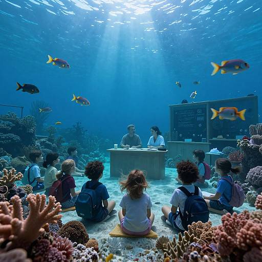 Photograph of children sitting on sandy ocean floor, surrounded by colorful coral and fish, watching two adults at a submerged desk. Sunlight beams through water