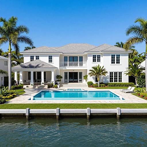 Photograph of a large, white, two-story mansion with a rectangular pool, surrounded by palm trees, and a clear blue sky. Located by a