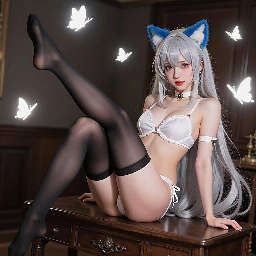 Anime Woman with Silver Hair and Butterflies