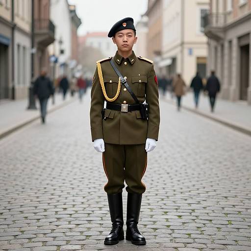 Photograph of an Asian male soldier in olive green uniform, black beret, gold chain, white gloves, standing on a cobblestone street in