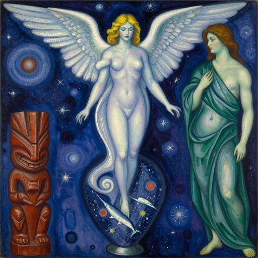 Painting of a white-winged, nude angel with yellow hair, standing on a cosmic orb beside a green-robed, pregnant figure, surrounded by