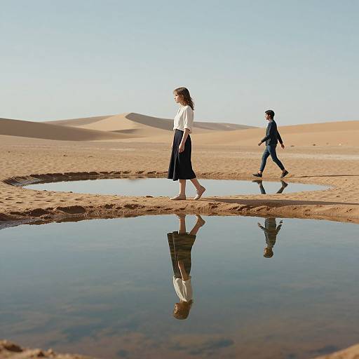 Photograph: Woman in white blouse, black skirt, and man in blue shirt, jeans walk across reflective desert puddle, sandy dunes in background