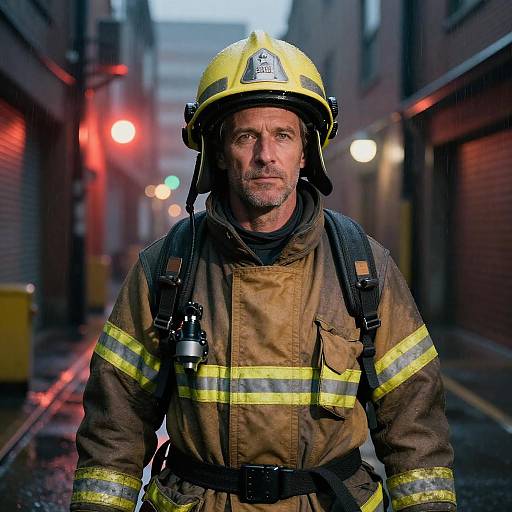 Rain-Slick Rangefinder Portrait of Firefighter