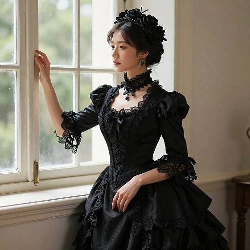 Elegant photograph of a fair-skinned woman in a Victorian-style black lace dress, standing by a sunlit window, gazing outside.
