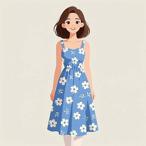 Digital illustration of a smiling woman with brown hair, wearing a blue floral dress, standing against a white background.