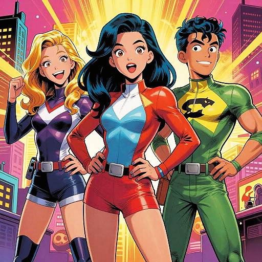 Colorful comic-style illustration of three superheroes: blonde woman in blue and black, black-haired woman in red, and muscular man in green with yellow,