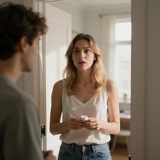 Surprised Woman in Sunlit Room