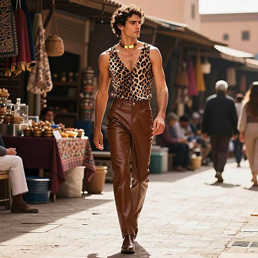 Photograph of a slim, curly-haired male model in a leopard-print tank top and brown leather pants, walking down a sunlit, bustling market street