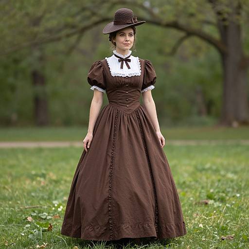 Photograph of a young woman in a Victorian-style brown dress with white lace collar and black bow, wearing a brown hat, standing in a green,