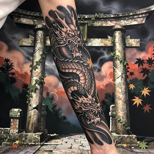 Dragon Sleeve Tattoo with Stone Torii Gate Background