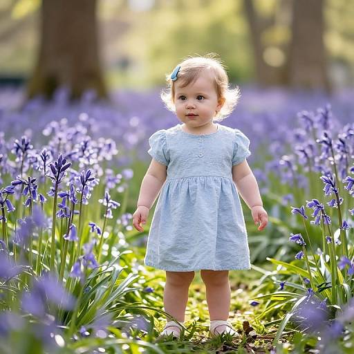 Photograph of a cute toddler girl in a light blue dress standing in a sunlit, purple-bluebell-filled forest, with sunlight filtering through trees in