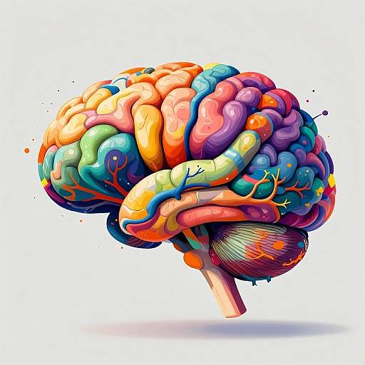 Vibrant, abstract digital illustration of a human brain, featuring colorful, swirling patterns in shades of blue, orange, pink, and green, with