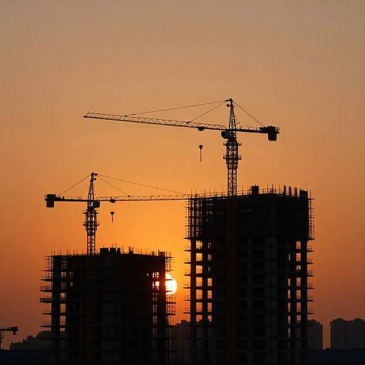 Silhouetted construction cranes against a vibrant orange sunset, with partially built high-rise buildings in the foreground. Photo captures the contrast between dark structures