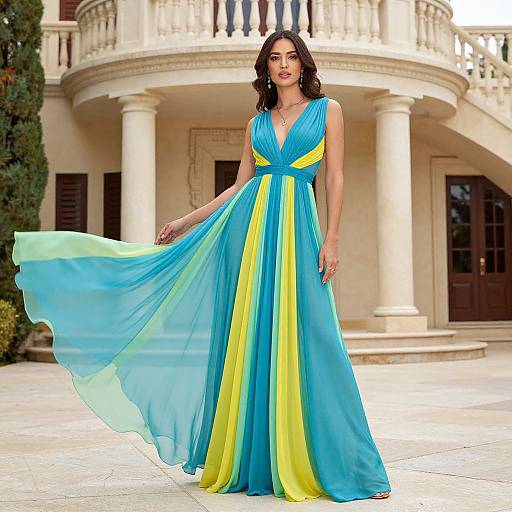 Photograph of a dark-haired woman in a flowing, sleeveless blue and yellow gown, standing in front of a cream-colored, columned mansion.