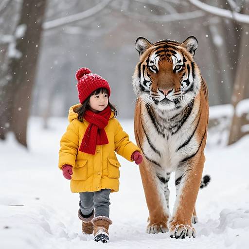 Photograph of an Asian girl in a yellow coat, red scarf, and red hat holding hands with a large tiger in a snowy forest.