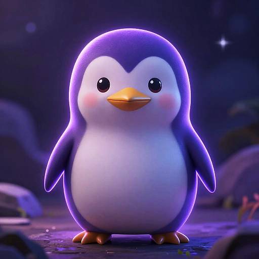 Radiant Glowing Purple Anime Penguin Character