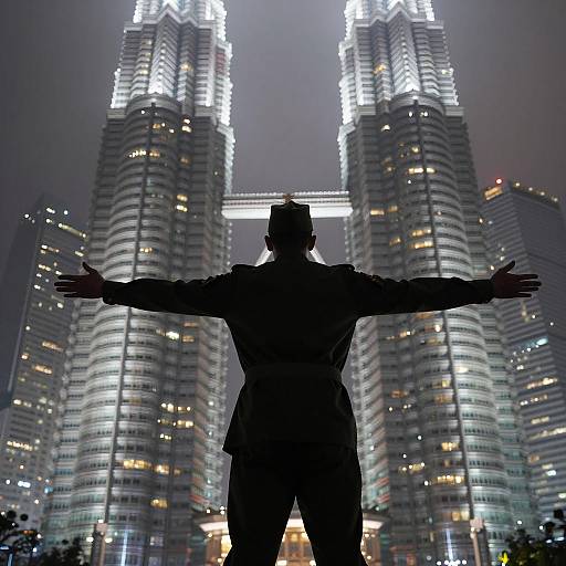 Silhouetted Figure Against Illuminated Skyscrapers