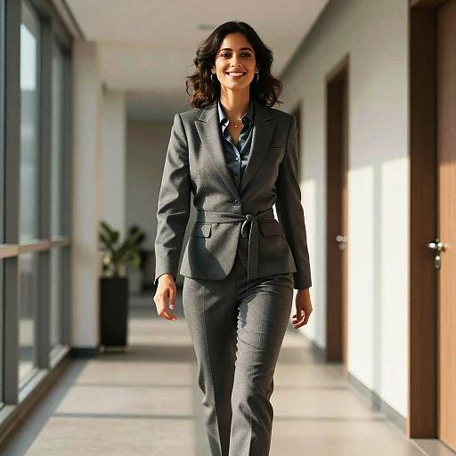 Latina Executive in Sunlit Office Hallway