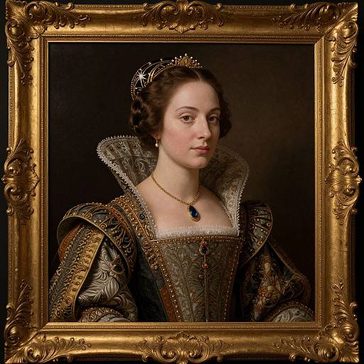 Baroque-style portrait of a Caucasian woman with fair skin, dark curly hair, wearing an ornate, embroidered gown, jeweled necklace, and ti