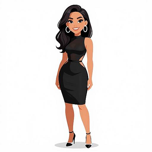 Digital illustration of a smiling woman with long black hair, wearing a black sleeveless dress, black high heels, and large hoop earrings, standing against a