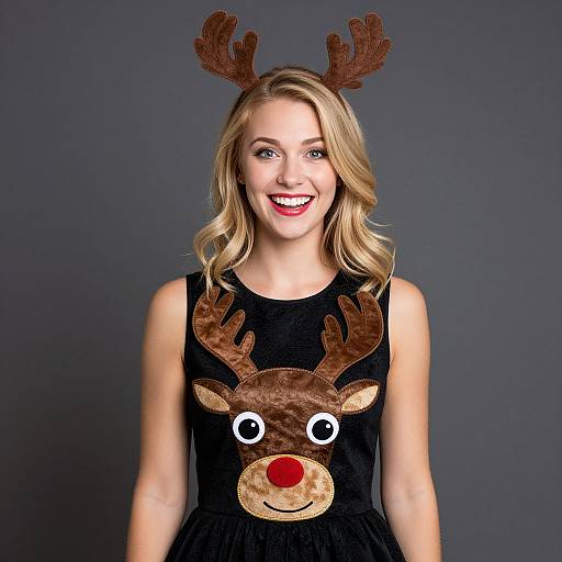 Blonde woman with wavy hair, wearing reindeer antlers and a black dress with a reindeer face, smiling against a gray background. Phot