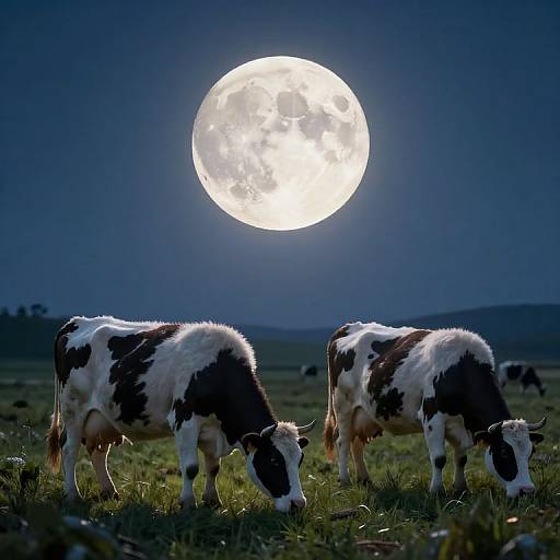 Photograph of two black-and-white cows grazing under a bright full moon in a dark, grassy field at night.
