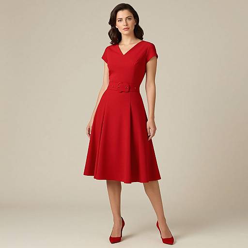 Photograph of a fair-skinned woman with dark, wavy hair wearing a vibrant red, V-neck, knee-length dress and matching red high heels