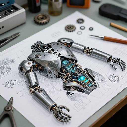 Photograph of a detailed, silver robotic arm with glowing blue circuits on graph paper, surrounded by tools and gears on a desk.