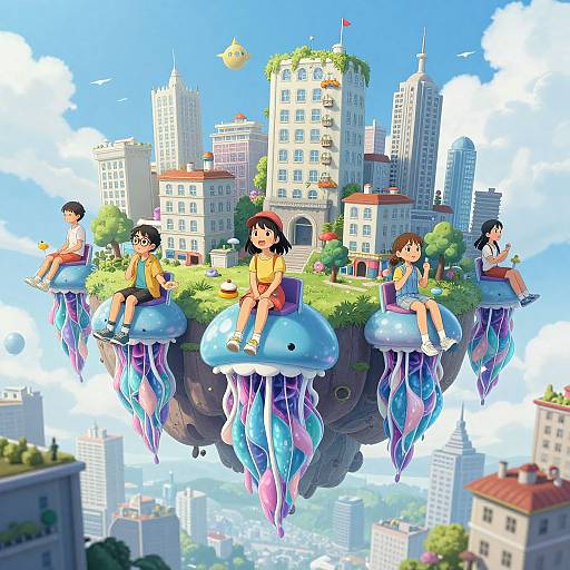 Anime-style digital artwork of five children sitting on floating jellyfish-like platforms above a vibrant, futuristic cityscape with tall buildings and a clear blue sky.