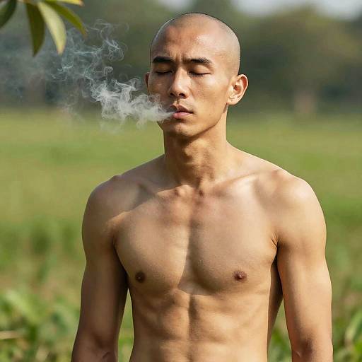 Shirtless Bald Asian Man Outdoors with Smoke