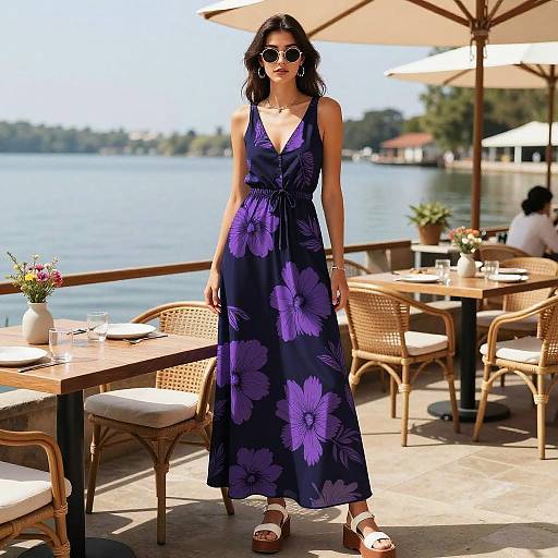 Woman in Floral Maxi Dress by Lake